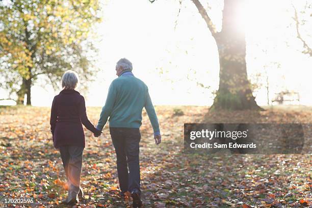senior couple walking in park - sam day stockfoto's en -beelden