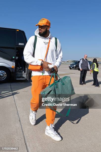 Karl-Anthony Towns of the Minnesota Timberwolves departs for Abu Dhabi on October 1, 2023 at Minneapolis - Saint Paul International Airport in...