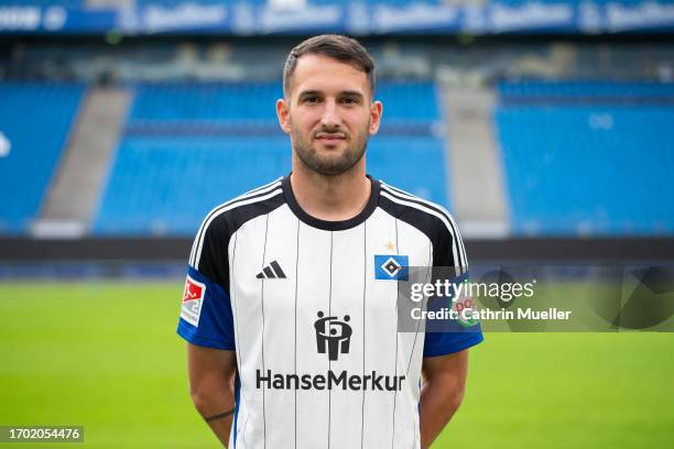 Levin Oztunali of Hamburger SV poses during the team presentation at Volksparkstadion on September 25, 2023 in Hamburg, Germany.