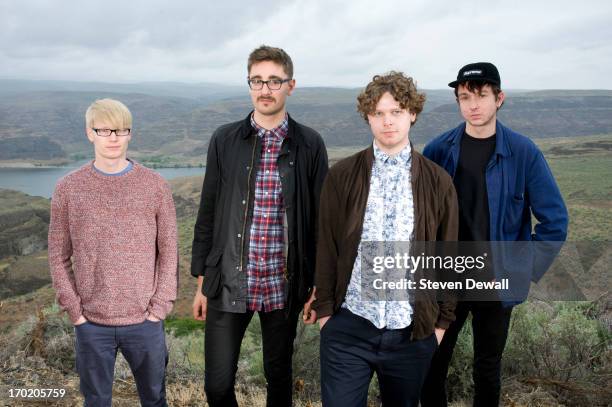 Gwil Sainsbury, Gus Unger-Hamilton and Joe Newman and Thom Green of Alt-J pose for a portrait backstage on Day 4 of Sasquatch! Music Festival on May...