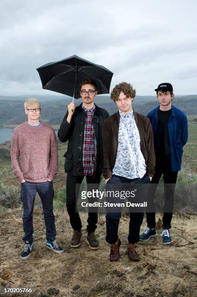 Gwil Sainsbury, Gus Unger-Hamilton and Joe Newman and Thom Green of Alt-J pose for a portrait backstage on Day 4 of Sasquatch! Music Festival on May...
