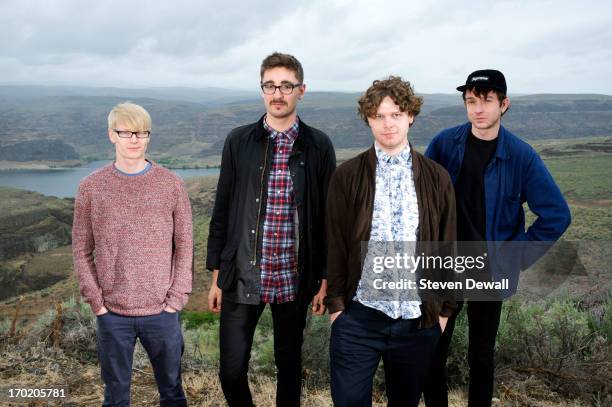 Gwil Sainsbury, Gus Unger-Hamilton and Joe Newman and Thom Green of Alt-J pose for a portrait backstage on Day 4 of Sasquatch! Music Festival on May...