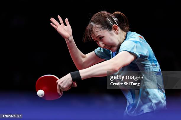 Hayata Hina of Japan competes in the Table Tennis Women's Team Final match against Sun Yingsha of China during day three of the 19th Asian Games at...