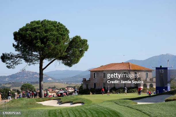 General view as Collin Morikawa, Brian Harman, Rickie Fowler and Max Homa of Team United States play the 13th hole during a practice round prior to...