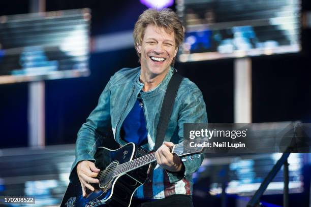 Jon Bon Jovi of Bon Jovi performs on stage on the opening night of the 'Because We Can' UK Tour at Etihad Stadium on June 8, 2013 in Manchester,...