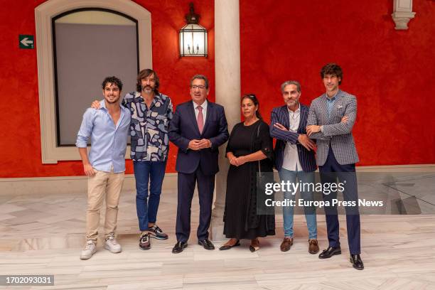 The president of the Fundacion Cajasol, Antonio Pulido accompanied by the artistic coordinator of the cycle, Manuel Lombo and the artists Pedro el...