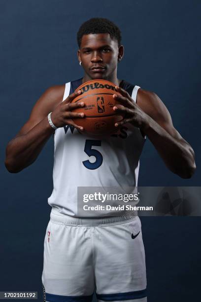 Anthony Edwards of the Minnesota Timberwolves poses for a portrait during 2023 NBA Media Day on September 28, 2023 at Target Center in Minneapolis,...