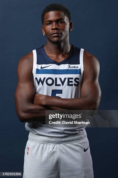 Anthony Edwards of the Minnesota Timberwolves poses for a portrait during 2023 NBA Media Day on September 28, 2023 at Target Center in Minneapolis,...