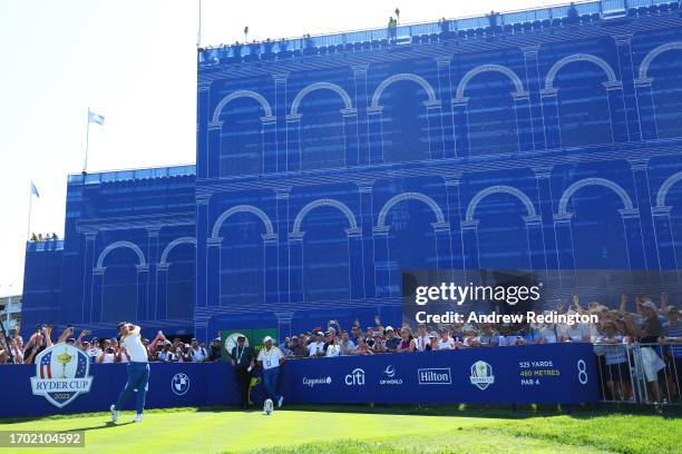 Rory McIlroy of Team Europe tees off on the eighth hole during a practice round prior to the 2023 Ryder Cup at Marco Simone Golf Club on September...