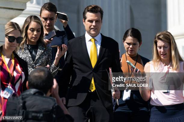 Representative Matt Gaetz, Republican of Florida, speaks to the media after speaking on the House floor about a possible Motion to Vacate to oust...