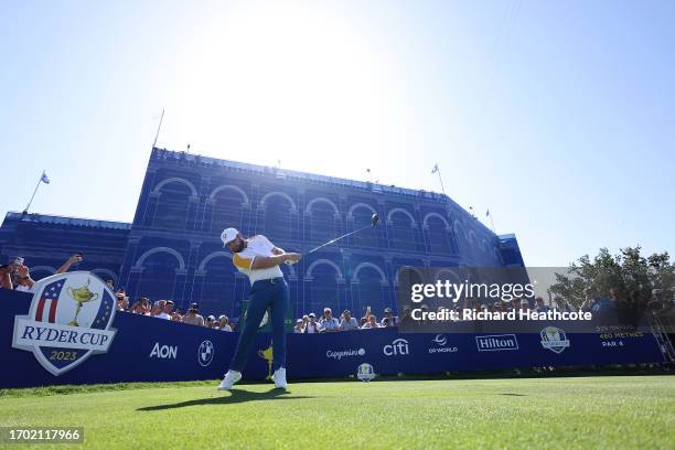 Tyrrell Hatton of Team Europe tees off on the eighth hole during a practice round prior to the 2023 Ryder Cup at Marco Simone Golf Club on September...