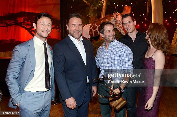 Actors Joseph Gordon-Levitt and Russell Crowe, director Zack Snyder, actors Henry Cavill and Amy Adams attend the 2013 Spike TV Guys Choice at Sony...