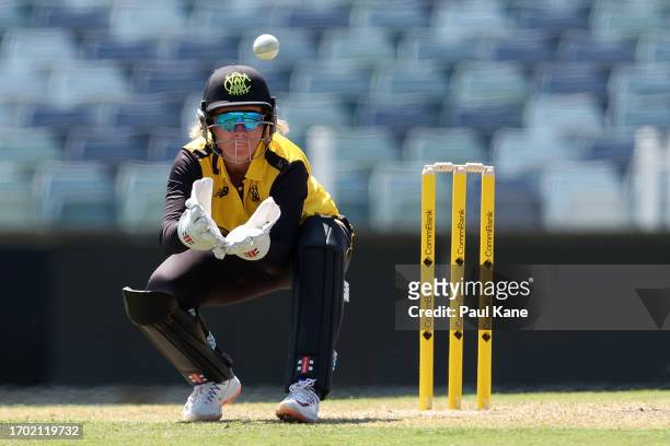 Beth Mooney of Western Australia takes a return throw during the WNCL match between Western Australia and Victoria at the WACA, on September 26 in...