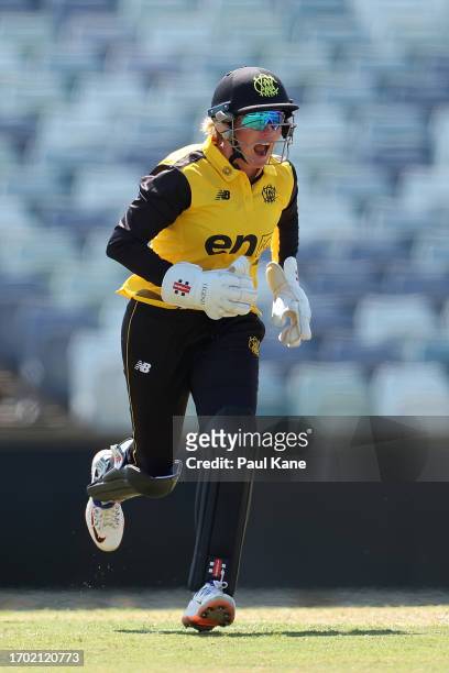 Beth Mooney of Western Australia celebrates the wicket of Kim Garth of Victoria during the WNCL match between Western Australia and Victoria at the...