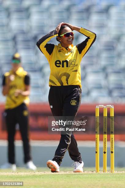 Alana King of Western Australia reacts during the WNCL match between Western Australia and Victoria at the WACA, on September 26 in Perth, Australia.