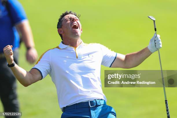 Rory McIlroy of Team Europe reacts on the eighth hole during a practice round prior to the 2023 Ryder Cup at Marco Simone Golf Club on September 26,...