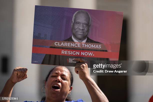 Demonstrators rally against the Conservative majority of the U.S. Supreme Court, outside the Court on October 2, 2023 in Washington, DC. The protest...