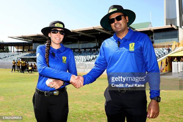 Umpires Ashlee Gibbons and Ahmed Khan take to the field during the WNCL match between Western Australia and Victoria at the WACA, on September 26 in...