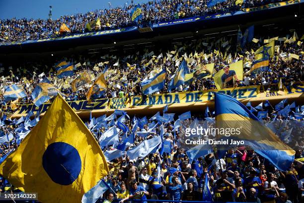 Fans cheer before a match between Boca Juniors and River Plate as part of Group B of Copa de la Liga Profesional 2023 at Estadio Alberto J. Armando...