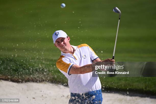 Matt Fitzpatrick of Team Europe plays a shot from a bunker on the eighth hole during a practice round prior to the 2023 Ryder Cup at Marco Simone...