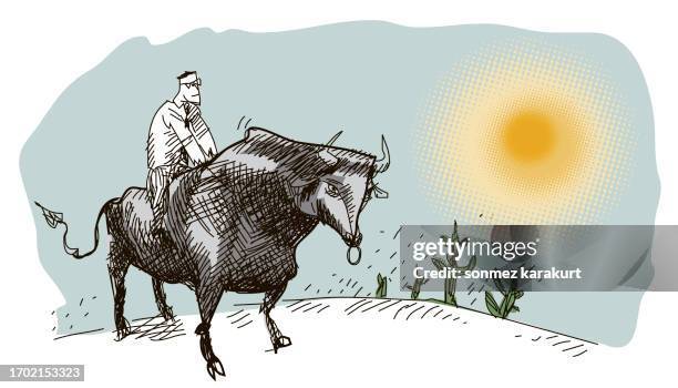 a bull in the desert and the businessman investor on it - slaughterhouse cartoon stock illustrations