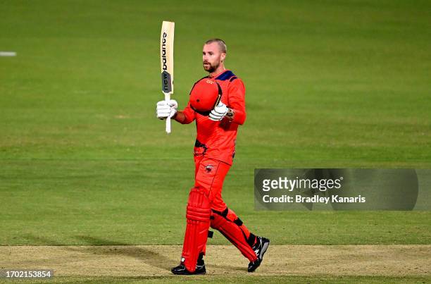 Daniel Drew of South Australia celebrates after scoring a century during the Marsh One Day Cup match between South Australia and Western Australia at...