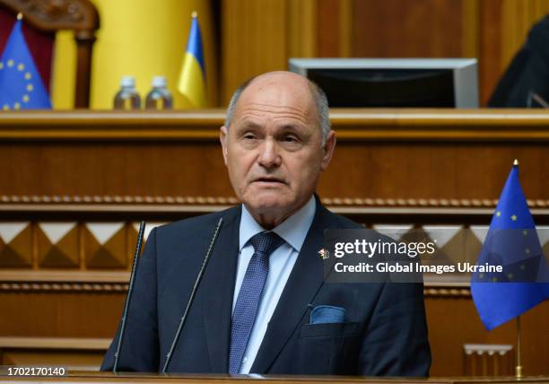 President of the Austrian National Council Wolfgang Sobotka delivers a speech in the session hall of the Verkhovna Rada of Ukraine on September 26,...