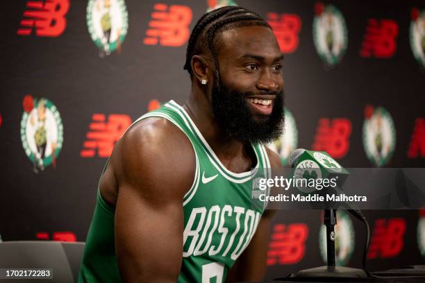 Jaylen Brown of the Boston Celtics speaks to the media during Boston Celtics Media Day at The Auerbach Center on October 2, 2023 in Boston,...