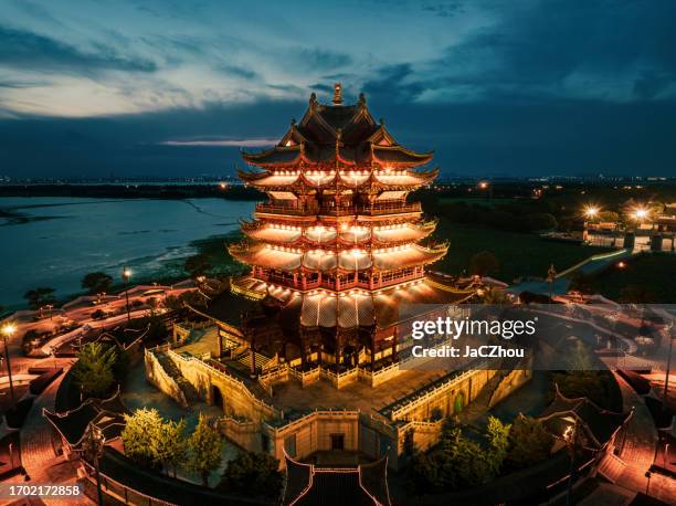 night view of chongyuan temple tower in suzhou,china - yellow crane tower china stock pictures, royalty-free photos & images