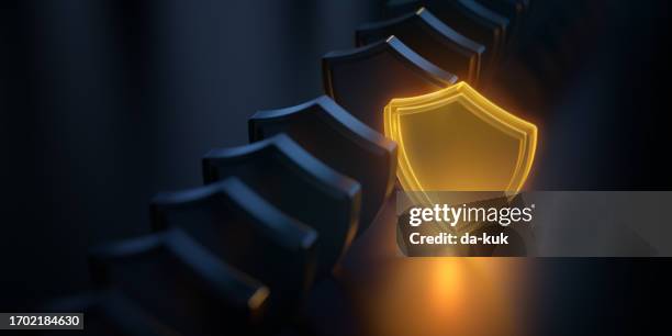 sicherheitskonzept. leuchtendes schildsymbol. moderner futuristischer technologiehintergrund. 3d-rendering - schutzschild stock-fotos und bilder