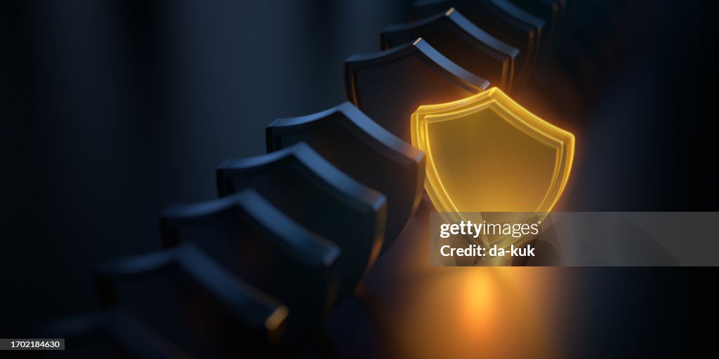 Concepto de seguridad. Icono de escudo brillante. Antecedentes de tecnología futurista moderna. Renderizado 3D