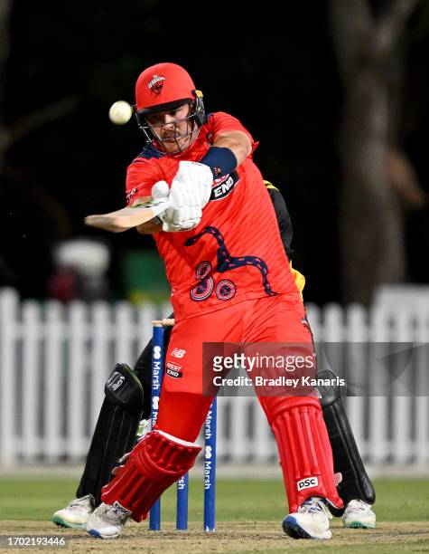 Ben Manenti of South Australia plays a shot during the Marsh One Day Cup match between South Australia and Western Australia at Allan Border Field,...