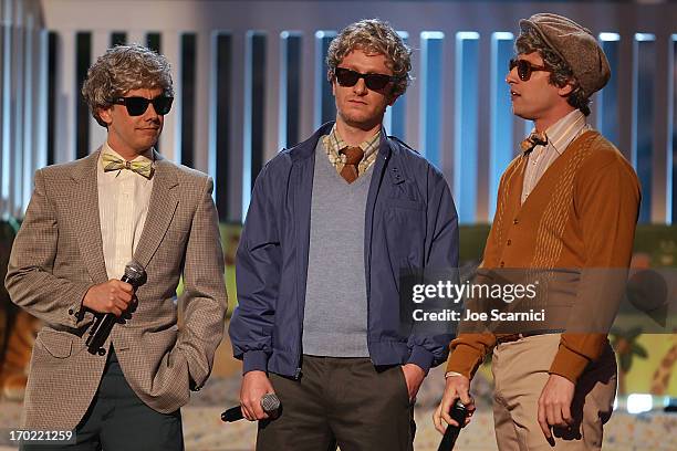 Comedians Jorma Taccone, Akiva Schaffer and Andy Samberg of The Lonely Island perform onstage duringattends the 2013 Spike TV "Guys Choice" - Show at...