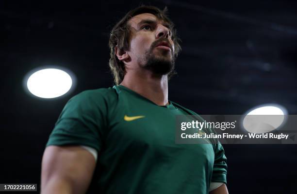 Eben Etzebeth of South Africa looks on as he walks out of the tunnel prior to the Rugby World Cup France 2023 match between South Africa and Ireland...