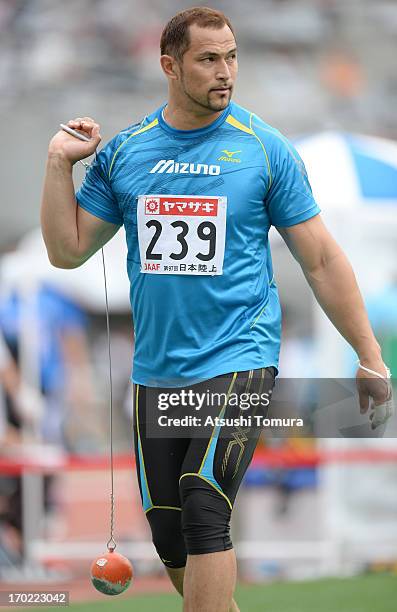 Koji Murofushi of Japan in competes in the Men's Hammer Throw on day three of the 97th Japan Track and Field Championships at Ajinomoto Stadium on...