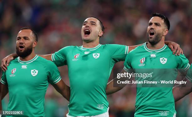 James Lowe of Ireland sings the national anthem prior to the Rugby World Cup France 2023 match between South Africa and Ireland at Stade de France on...