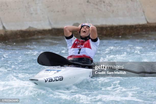 Jessica Fox of Australia celebrates winning the women's Kayak finals during the ICF Canoe Slalom World Championships at Lee Valley White Water Centre...