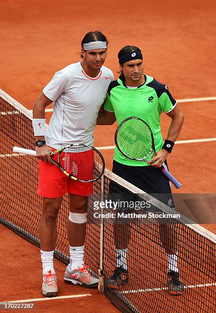 David Ferrer of Spain and Rafael Nadal of Spain pose ahead of their mens' singles final match during day fifteen of the French Open at Roland Garros...