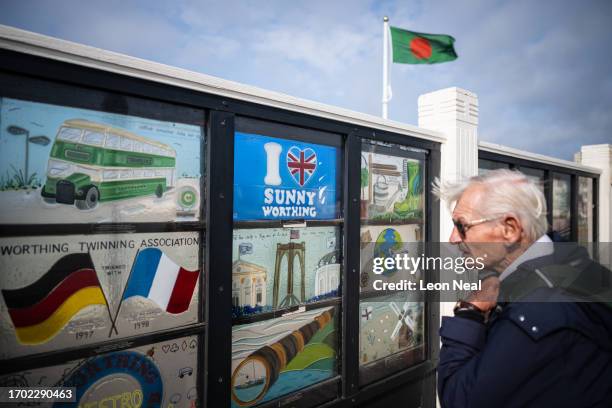 Piece of art reading "I Love Sunny Worthing" is one of many featured in a display on Worthing pier, on September 26, 2023 in Worthing, England. A...