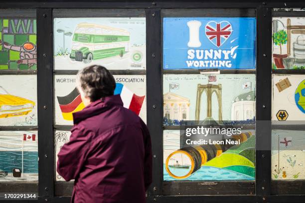 Piece of art reading "I Love Sunny Worthing" is one of many featured in a display on Worthing pier, on September 26, 2023 in Worthing, England. A...