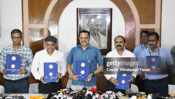 Bihar Development Commissioner Vivek Kumar Singh and others releasing Bihar Caste Based Census at Main Secretariat on October 2, 2023 in Patna, India.