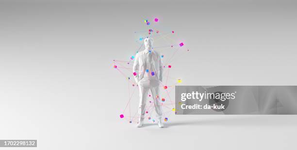 network computing and technology concept. businessman with digital network standing on light gray background - cloud security stock pictures, royalty-free photos & images