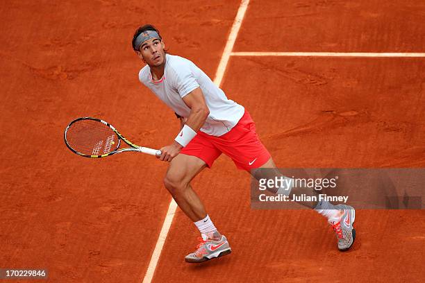 Rafael Nadal of Spain in action during the Men's Singles final match against David Ferrer of Spain on day fifteen of the French Open at Roland Garros...