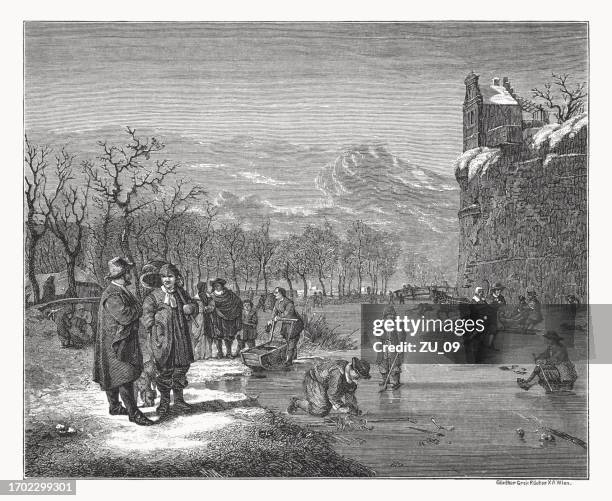 an amusement on the city moat, by adriaen van de velde - memories stock illustrations