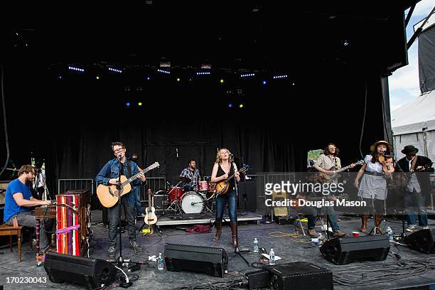 Marco Benevento, Byron Isaacs, Justin Guip, Amy Helm, Dan Littleton, Conner Kennedy, Ruthy Ungar and Mike Mireuda of the Amy Helm Band perform during...