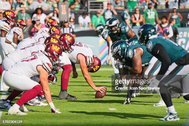 Washington Commanders and the Philadelphia Eagles face off during the game between the Philadelphia Eagles and the Washington Commanders on October 1...