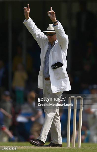 Umpire David Gower in action during the Shane Warne's Australia vs Michael Vaughan's England T20 match at Circenster Cricket Club on June 9, 2013 in...