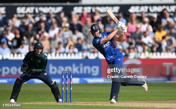 England captain Zak Crawley bats watched by Ireland wicketkeeper Lorcan Tucker during the 3rd Metro Bank One Day International at Seat Unique Stadium...