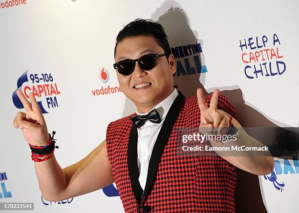 Psy poses in the Media Room at the Capital Summertime Ball at Wembley Arena on June 9, 2013 in London, England.