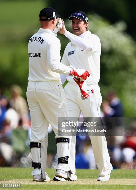 Paul Nixon and Andrew Strauss of Michael Vaughan's England team share a joke during the Shane Warne's Australia vs Michael Vaughan's England T20...